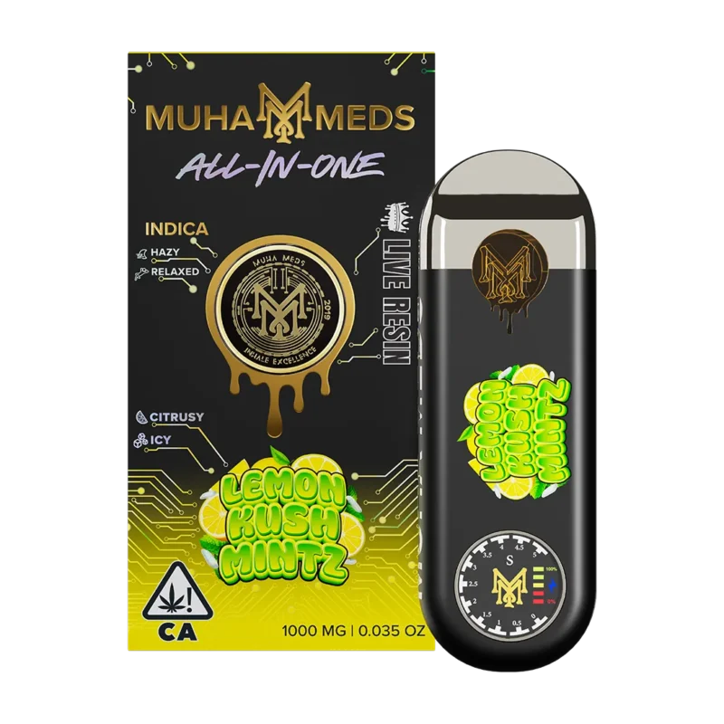 Close-up of Muha Meds Live Resin All In One devices, showcasing the sleek hardware and the amber-colored live resin oil window