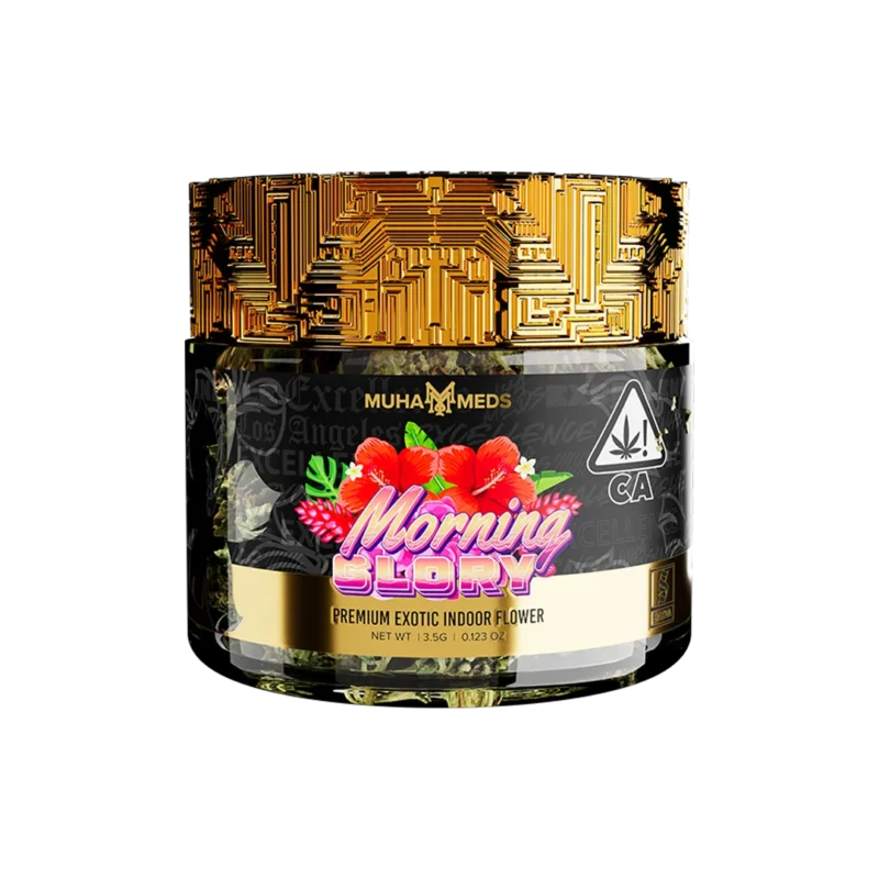 Close-up of vibrant Muha Meds Flower buds with purple hues and thick white trichomes, representing the premium Muhameds indoor line.