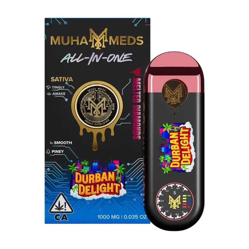 Premium Muha Meds Melted Diamonds All In One devices displayed in a luxury setting, showcasing the crystal-clear oil and gold-accented hardware